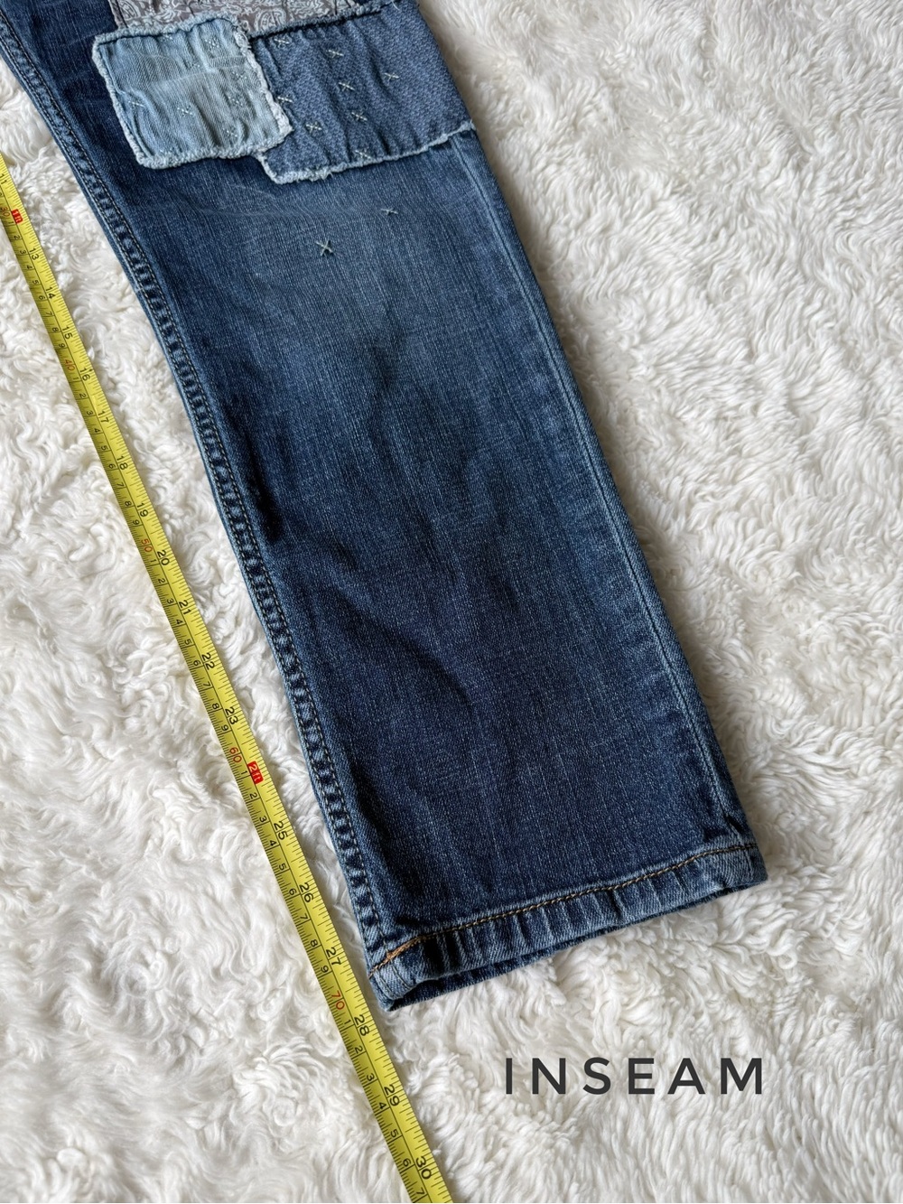 VTG Woman Blue Denim Patchwork Boyfriend Fit Jeans US4 Boho Western Country Folk - Picture 7 of 8